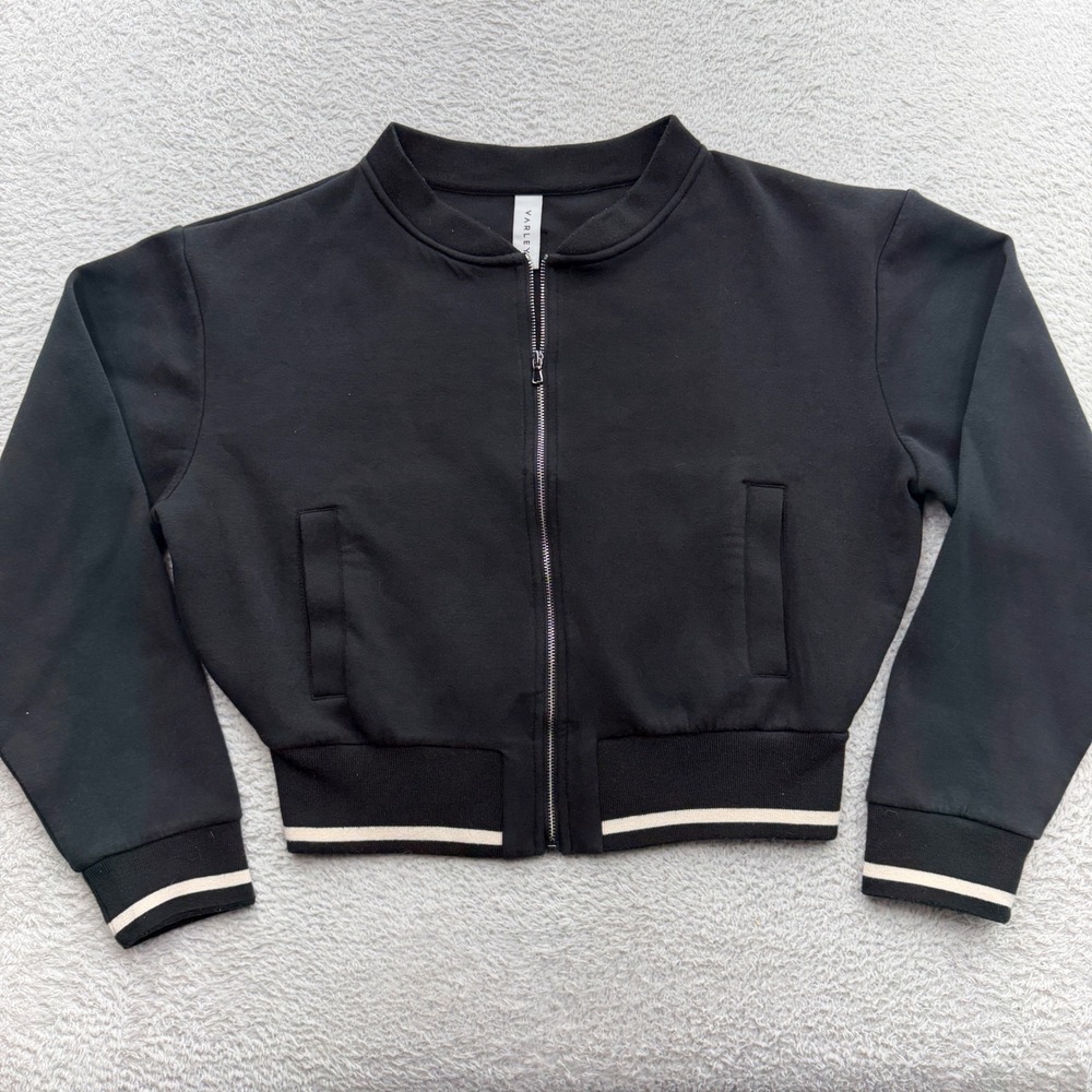 Varley Womens Black Cropped Bomber Jacket Striped Trim Size M
